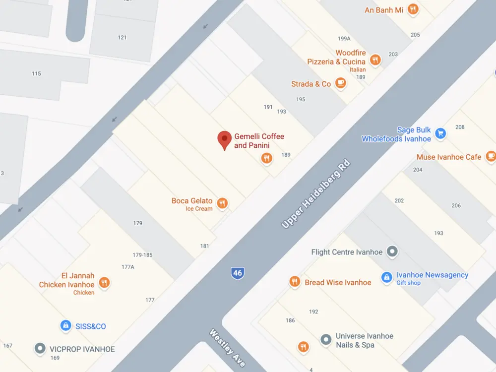 Map showing Gemelli Coffee and Panini's location in Ivanhoe