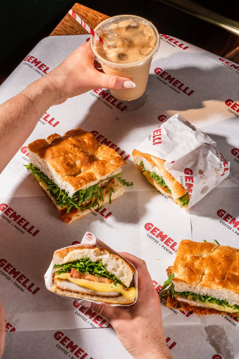 Gemelli panini and iced coffee, packed to go